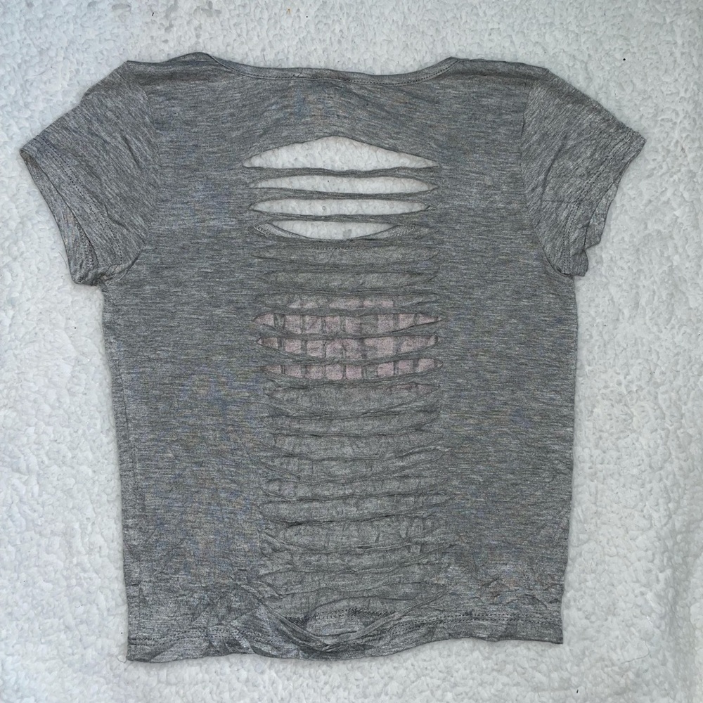 Grey Cut Out Back Crop Tip w Pink Lettering - Picture 2 of 5